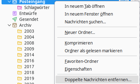 Thunderbird. Doppelte Mails löschen.